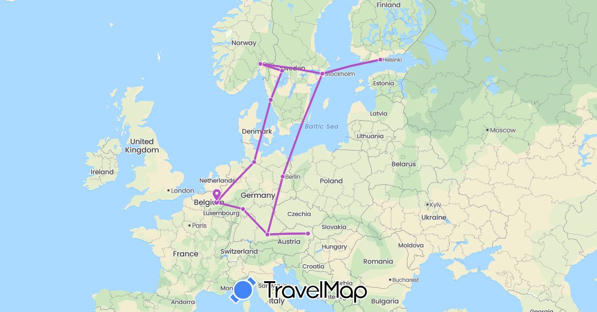 TravelMap itinerary: driving, train in Austria, Belgium, Germany, Finland, Norway, Sweden (Europe)